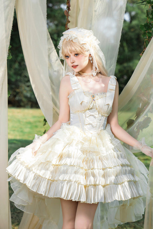 Apricot [Cream Cake] Sleeveless Multi-Layered Ruffle Bowknot Sweet Princess Lolita Jsk Dress Set