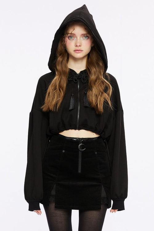 Black Long Sleeves Hooded Short Loose Women's Punk Shirt