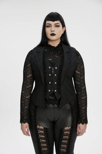 Black Lapel Collar Jacquard Spliced Lace Faux Two-Piece Pleated Women's Plus Size Gothic Vest