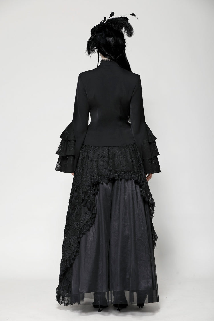 Black Lace Stand Collar Multi-Layered Ruffled Long Flared Sleeves Women's Gothic Blouse