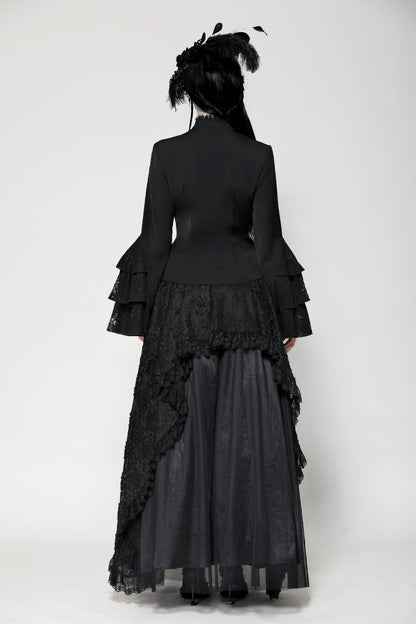 Black Lace Stand Collar Multi-Layered Ruffled Long Flared Sleeves Women's Gothic Blouse