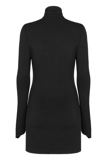 Black Cashmere Knitting Cross Fold Tie Rope Design High Collar Pleated Fit Women's Punk Dress