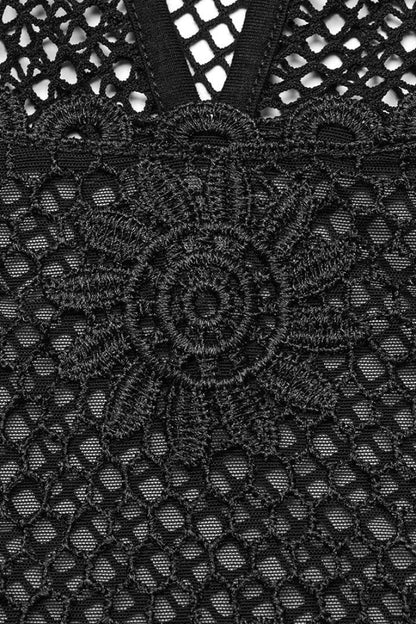 Black Hollow Embroidery Lace Sheer Mesh Adjustable Drawstring Womens Gothic Vest