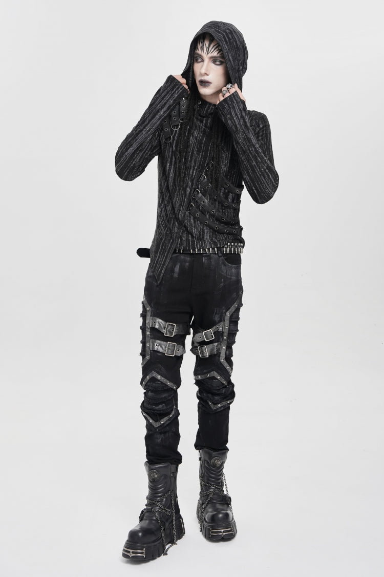 Black Buckle Straps Pleated Men's Punk Pants