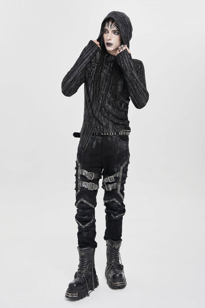 Black Buckle Straps Pleated Men's Punk Pants