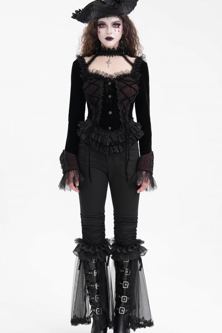 Black Long Sleeves Ruffle Lace-Up Mesh Women's Gothic Blouse