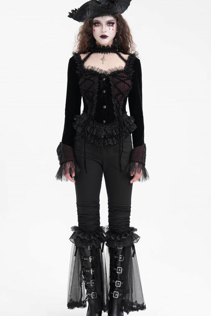 Black Long Sleeves Ruffle Lace-Up Mesh Women's Gothic Blouse