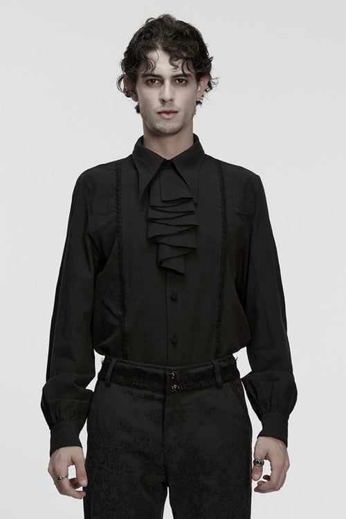 Black Lapel Collar Long Puff Sleeves Men's Gothic Blouse with Detachable Necktie White