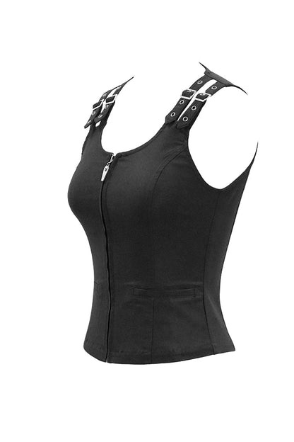 Black Lace Up Double Loops Front Shoulder Backless Women's Punk Waistcoat