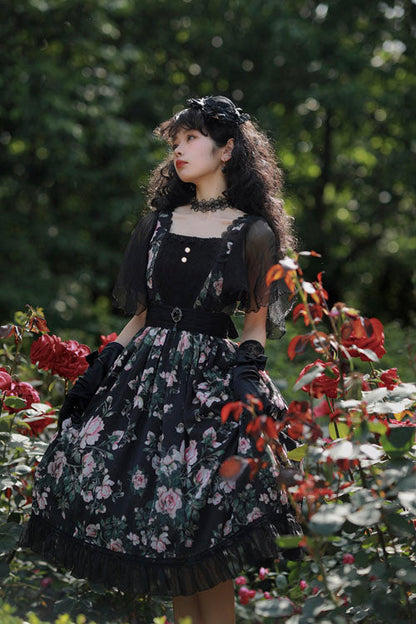 Black Elegant Vintage French Rose Print Square Collar Ruffled Classic Lolita OP Dress