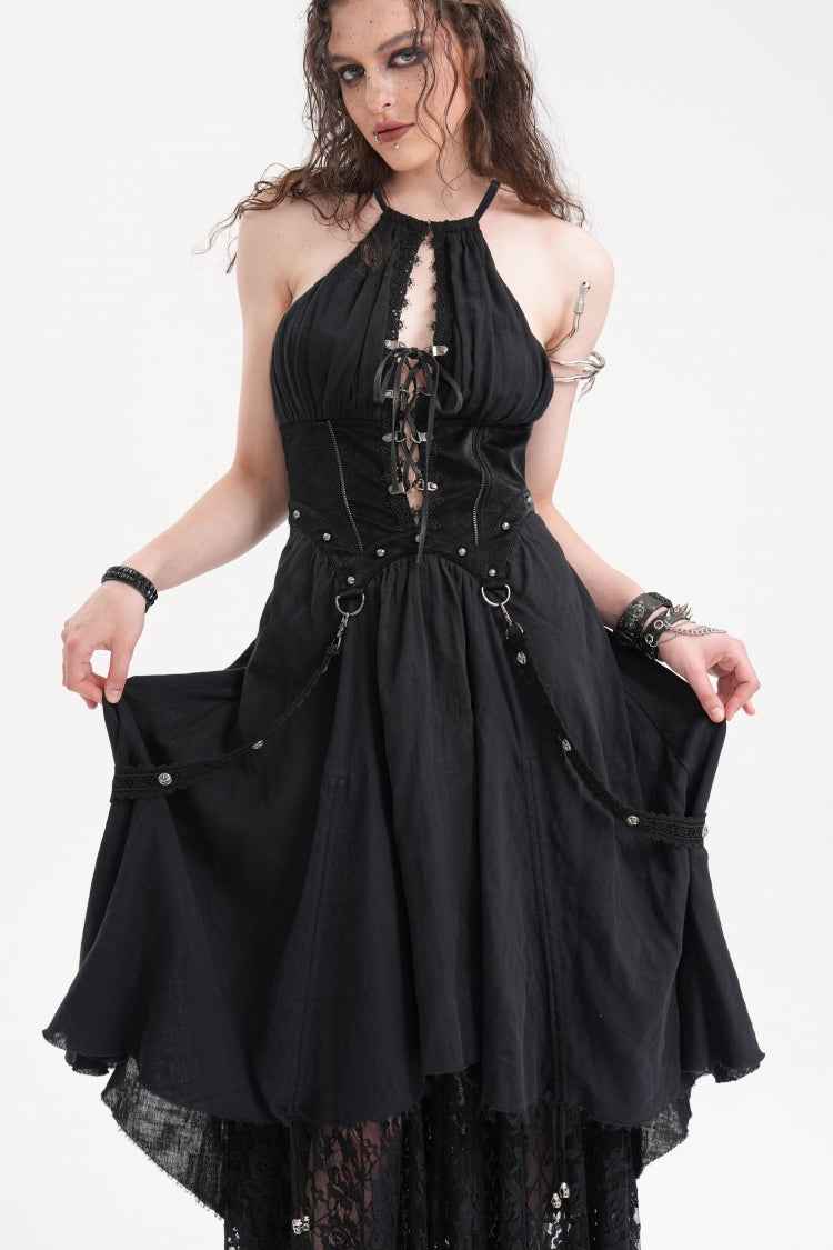 Black Halterneck Hollow Lace Women's Gothic Strap Maxi Dress