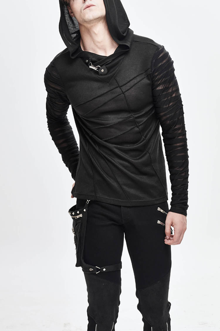 Black Collar Metal Button Irregular Striped Patchwork Bandage Hooded Men's Punk T-Shirt