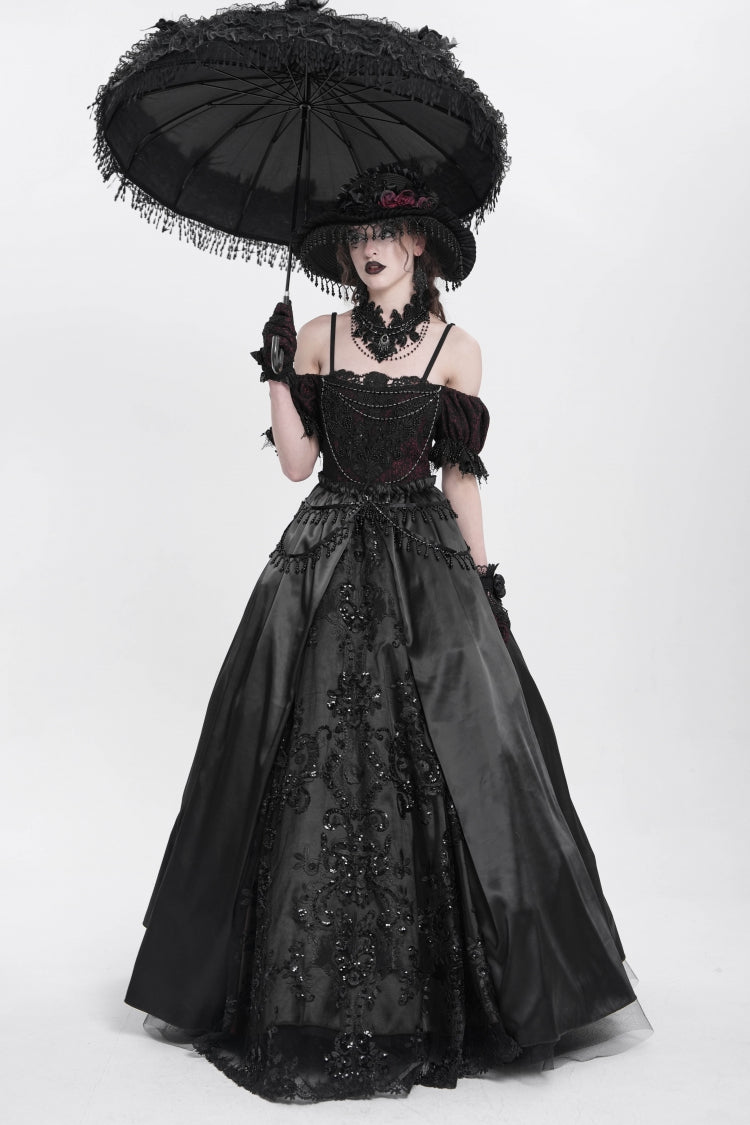 Black Off Shoulder Short Sleeves Jacquard Cardigan Stitching Lace Women's Gothic Dress