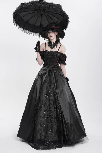Black Off Shoulder Short Sleeves Jacquard Cardigan Stitching Lace Women's Gothic Dress