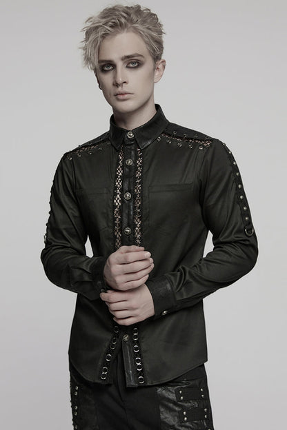Black Lapel Collar Long Sleeves Stitching Pin Mesh Men's Punk Blouse