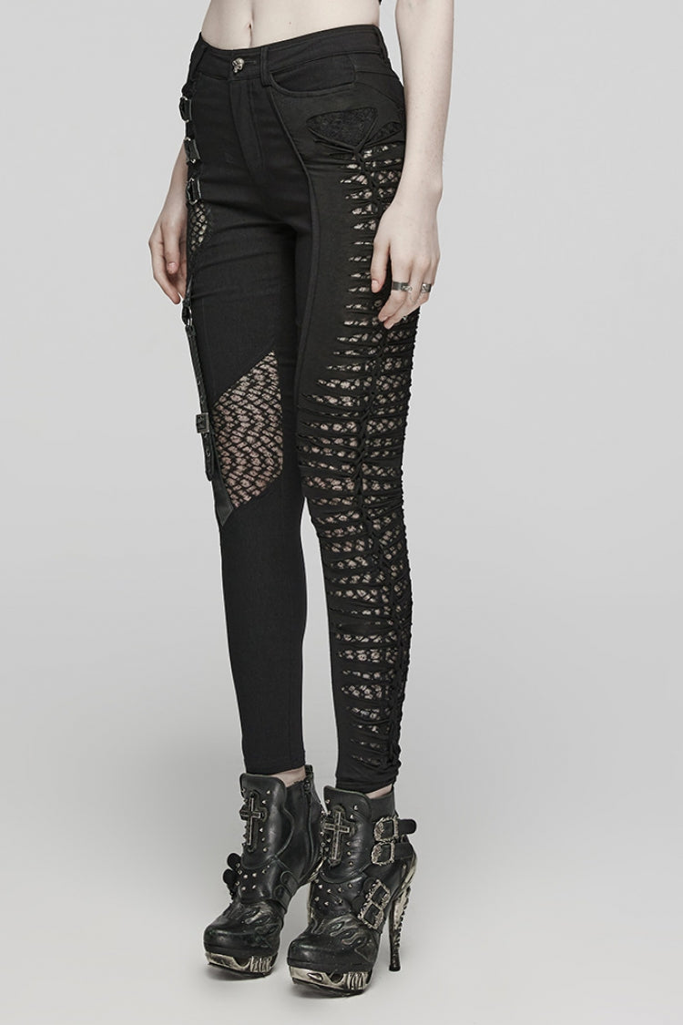 Black Hollow Decoration Mesh Asymmetric Women's Steampunk Pants