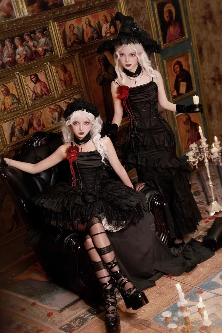 Black  [Letters & Poems · Twilight] Multi-Layered Jacquard Ruffled Witch Gothic Lolita Skirt 2 Versions