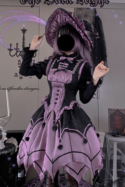 Black / Purple Round Collar Ruffled Long Sleeves Waist Irregular Hem Imp Sweet Lolita OP Dress Full Set