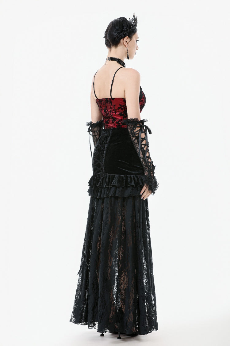 Black Multi-Layered Ruffled Velvet Spliced Lace Lace-Up Women's Gothic Long Skirt