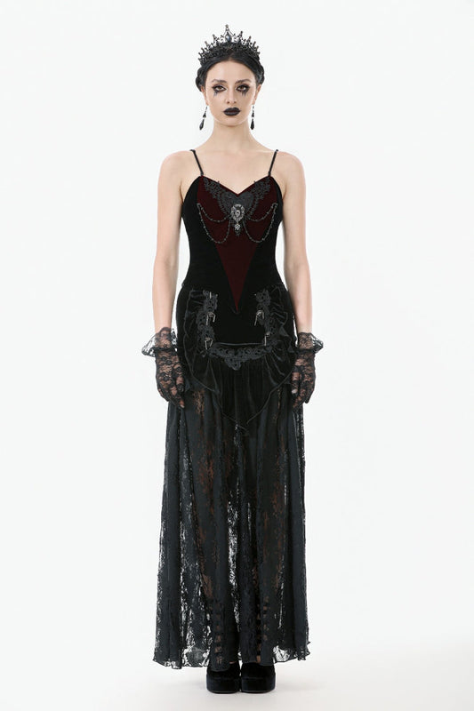 Black Multi-Layered Ruffled Velvet Spliced Lace Lace-Up Women's Gothic Long Skirt