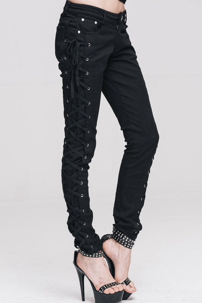 Black Lace Up Punk Classic Stretchy Womens Pants