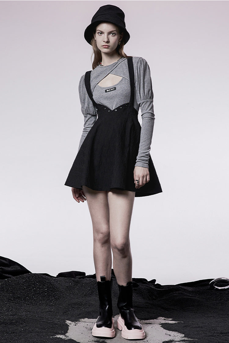 Black Future Series Metal Buttonhole Decoration Collect Waist Swing Hem Cat Ear Women's Gothic Skirt