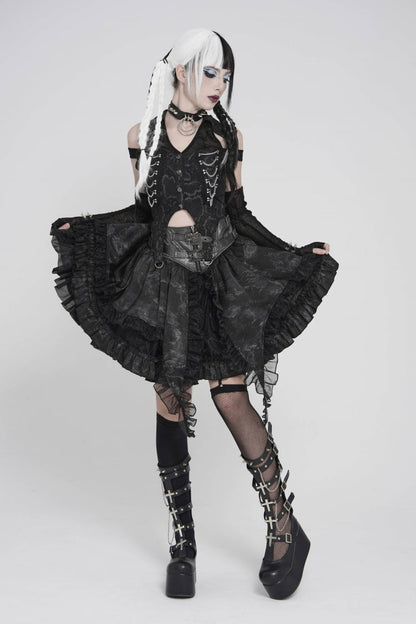 Black Off Shoulder Lace-Up Irregular Chain-Decorated Women's Punk Vest