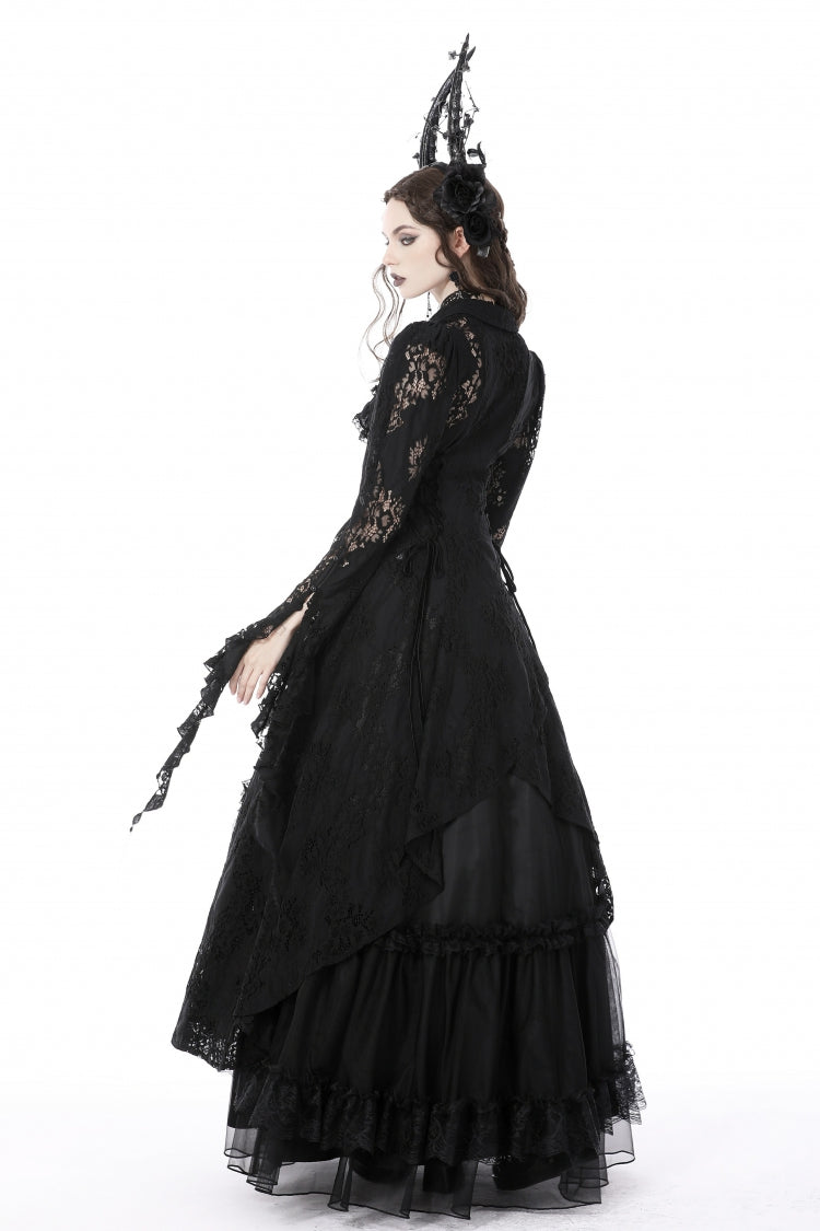 Black Lapel Collar Long Sleeves Ruffled Irregular Lace Lace-Up Women's Gothic Jacket Dress