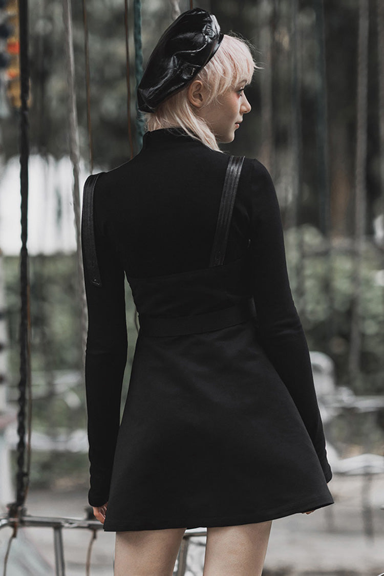Black High Waist Belted PU Leather Strap Irregular Women's Steam Punk Dress