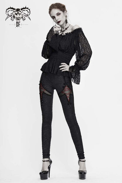 Black Off Shoulder Long Sleeves Ruffle Lace Women's Gothic Blouse