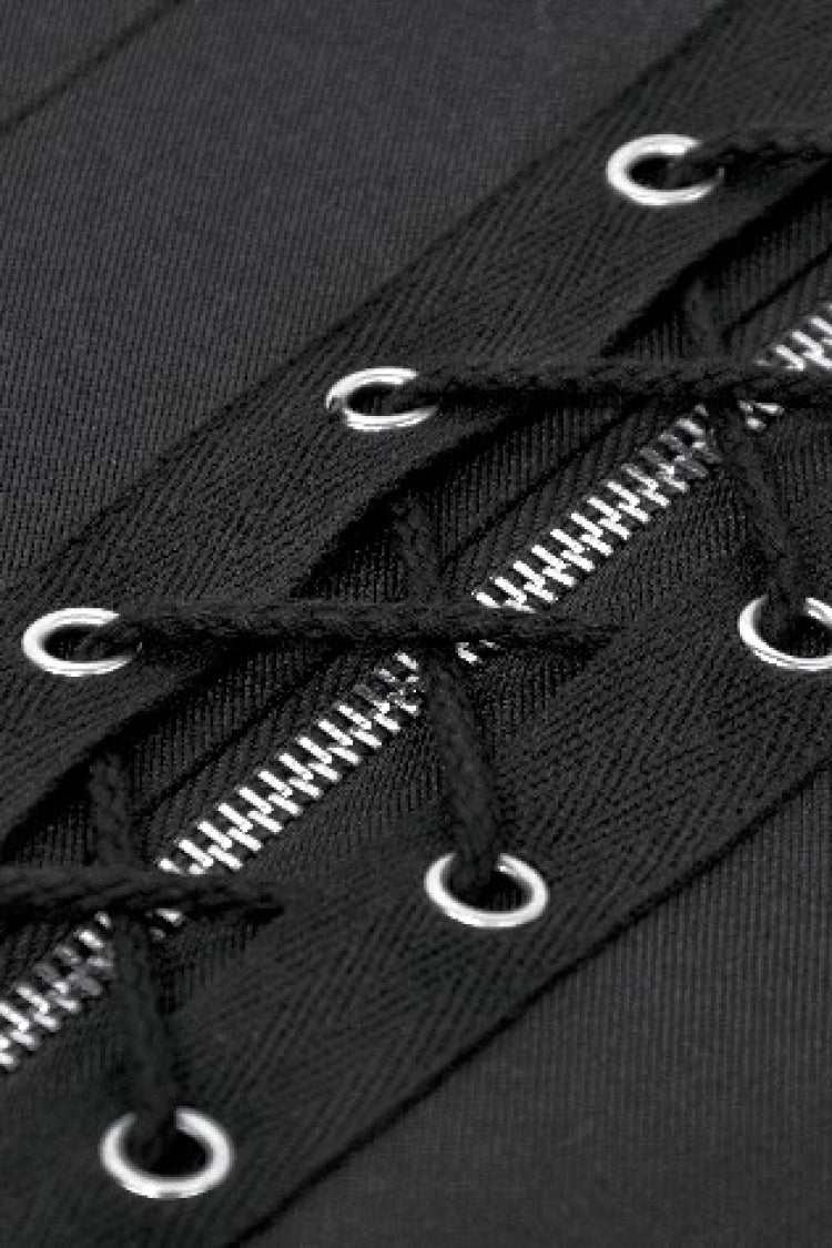 Black Lapel Collar Sleeveless Lace-Up Studded Zippered Eyelet Women's Punk Vest