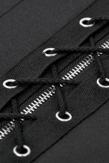 Black Lapel Collar Sleeveless Lace-Up Studded Zippered Eyelet Women's Punk Vest