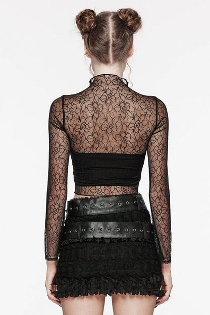 Black Long Sleeves Butterfly Embroidery Sheer Mesh Women's Gothic T-Shirt