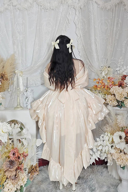 Beige Off Shoulder Double-Layered Ruffle Bowknot Lace Sweet Plus Size Lolita Dress