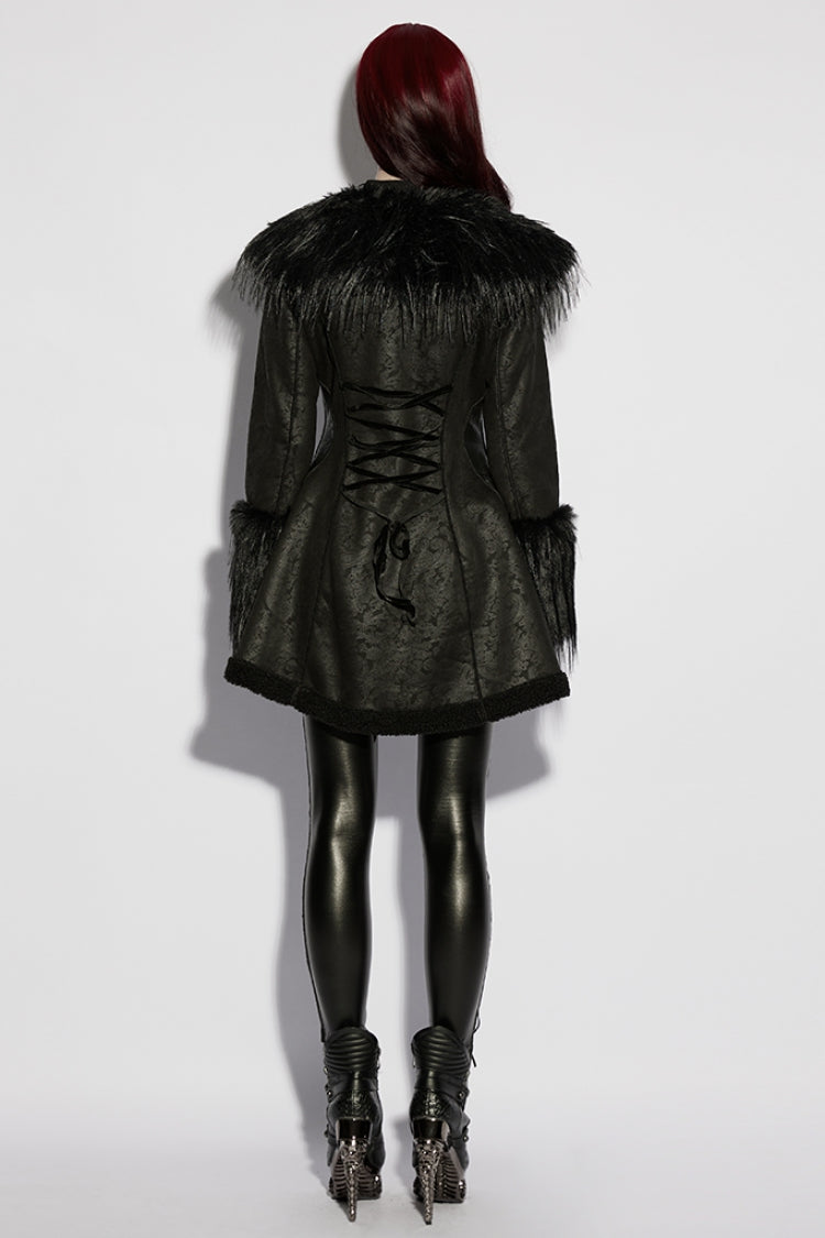 Black Plush Lapel Collar Long Sleeves Buckle Straps Women's Gothic Coat