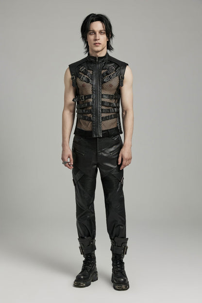 Black Multi-buckles Hollow Mesh Faux Leather Men's Punk Vest