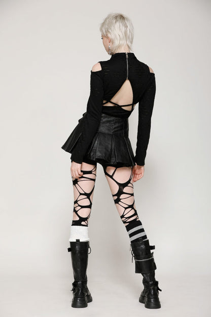 Black Long Sleeves Cut-Out Ripped Zippered Eyelets Women's Punk Distressed Top