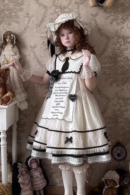 Beige [William Wordsworth’s Lyric Poetry] Doll Collar Polka Dots Printed Lace Sweet Princess Lolita Dress