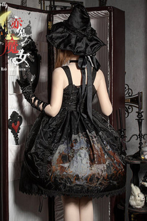 Black Lace Ruffled Organza Material Witch High Waisted Gothic Lolita JSK Dress