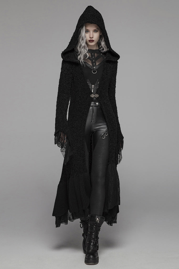 Black Long Sleeves Multi-layer Lace Hooded Women's Gothic Long Coat