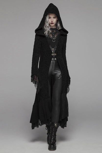 Black Long Sleeves Multi-layer Lace Hooded Women's Gothic Long Coat