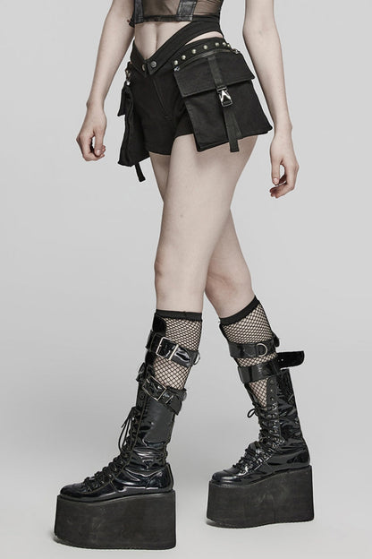 Black Pocket Rivet Buckle Women's Punk Shorts