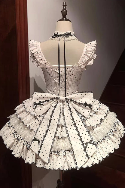 Beige Sleeveless Multi-Layered Polka Dots Printed Ruffled Bow Sweet Princess Lolita Jsk Dress