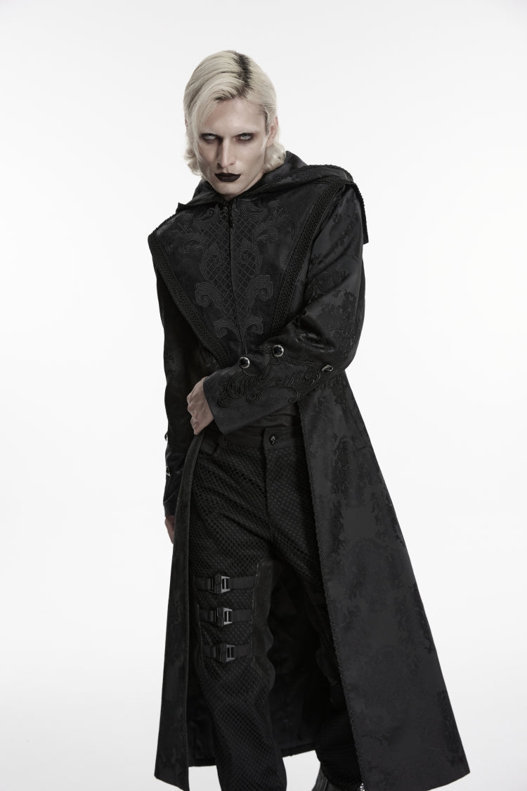 Black Long Sleeves Jacquard Embroidered Spliced Lace Hooded Color-Blocked Men's Punk Cool Coat