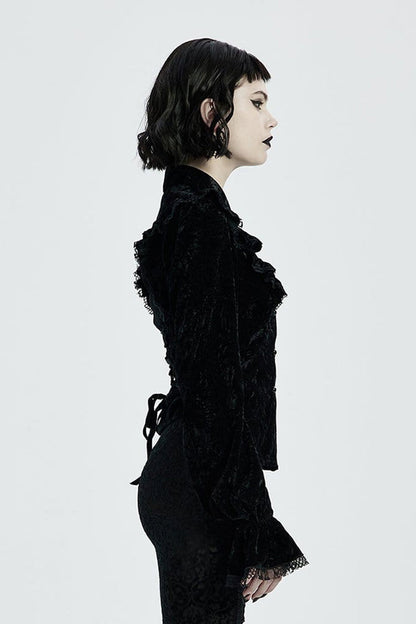 Black Gothic Velvet High Collar Front Chest Flounce Lace Cuff Back Waist Lace Up Print Women's Blouse