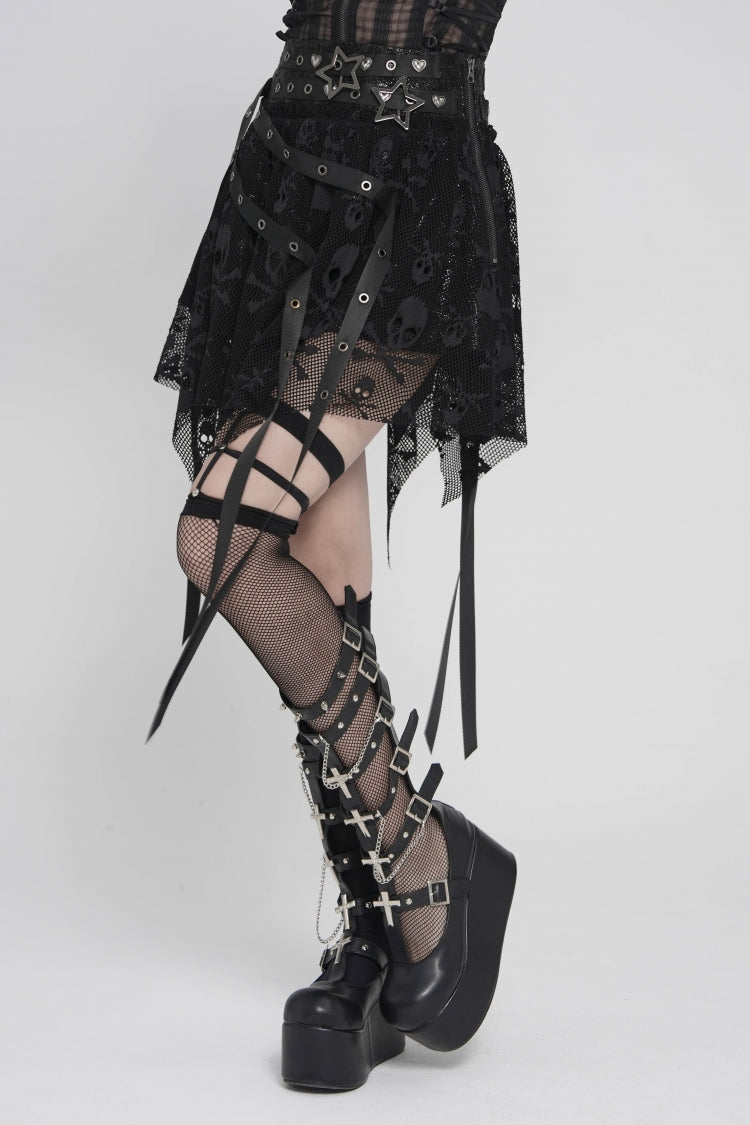 Black Double-Layered Lace Lace-Up Irregular Mesh Eyelet Women's Punk Skirt