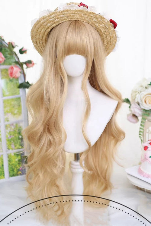 Almond Blonde Long Wavy Blunt Bangs Daily Sweet Lolita Wig