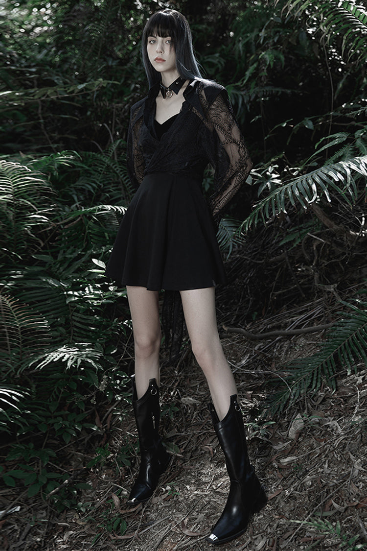Black Bat Fleece Embroidered Sun Gothic Suspender Women's Dress