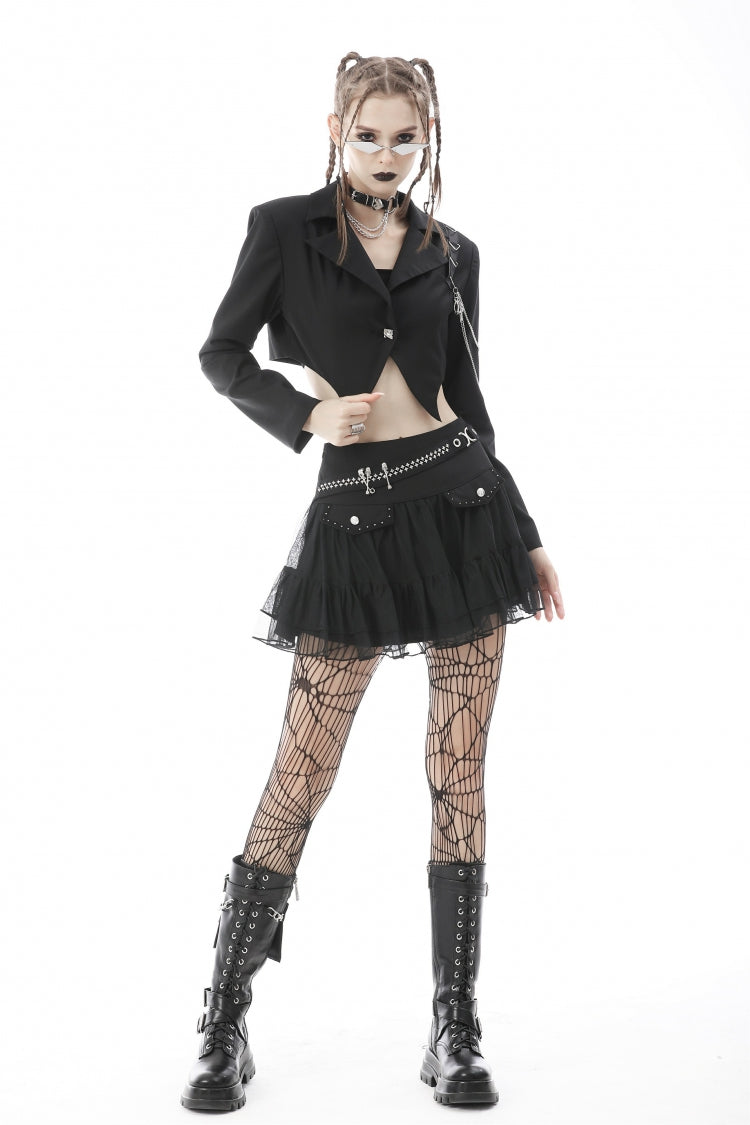 Black Lapel Collar Long Sleeves Chain-Decorated Women's Punk Irregular Short Jacket