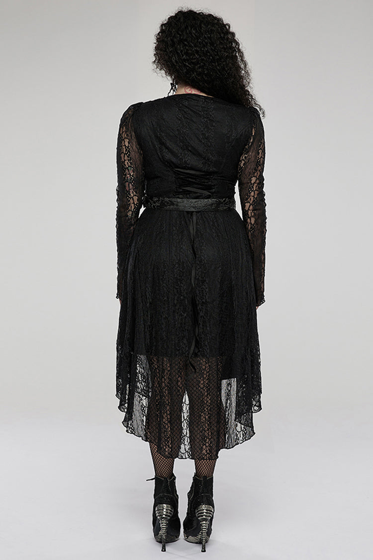 Black Elasticity Modal Cotton Fabric Patchwork Lace Metal Buckle Belt Long Hem Long Sleeve Women's Plus Size Gothic Dress